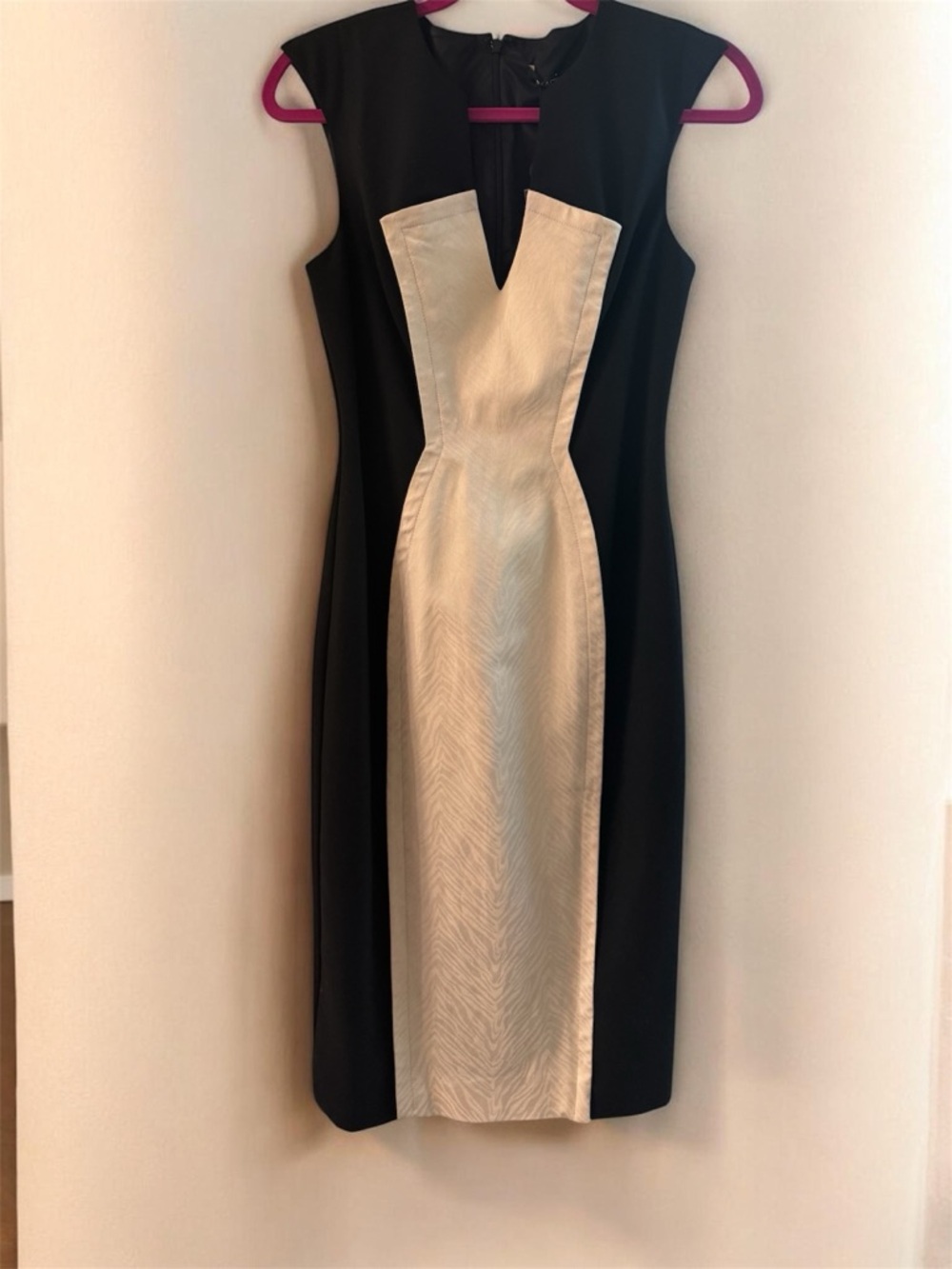 Black Halo Black and Cream V-Panel Midi Sheath Dress